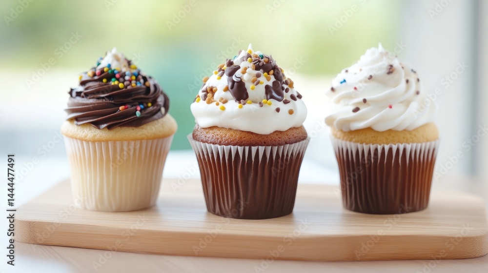Three colorful cupcakes arranged on a wooden board Three colorful cupcakes arranged on a wooden board