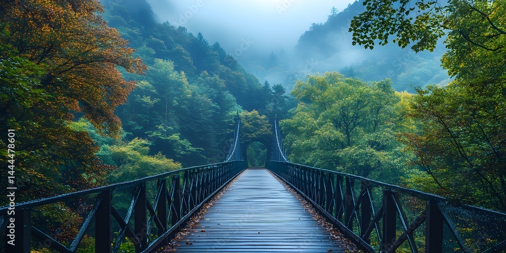 Fototapeta premium Misty Mountain Bridge: A Serene Autumnal Walk