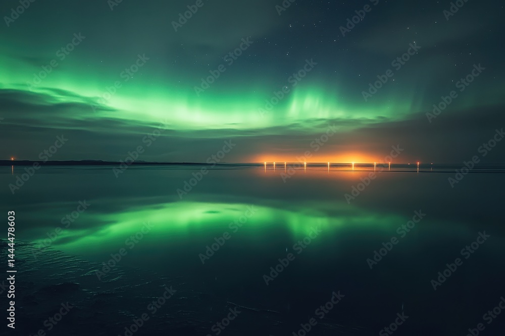 Stunning aurora borealis illuminates night sky over tranquil water, Aurora borealis full sky display reflecting brightly in ocean Iceland vertical Stunning aurora borealis illuminates night sky over tranquil water, Aurora borealis full sky display reflecting brightly in ocean Iceland vertical