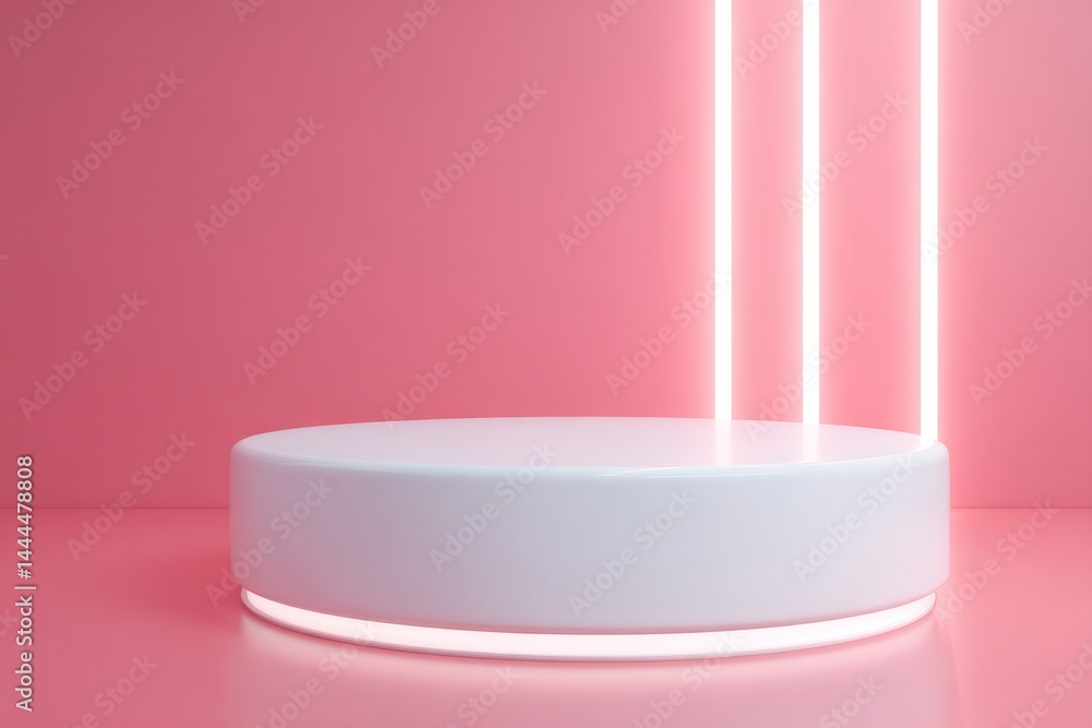 sleek round podium set against vibrant neon backdrop with ample copy space for branding sleek round podium set against vibrant neon backdrop with ample copy space for branding