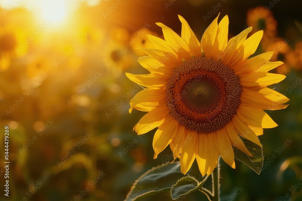Fototapeta premium Sunflower close up in a field during sunset with warm golden light illuminating petals, Closeup of sunflower in field at sunset with warm golden light