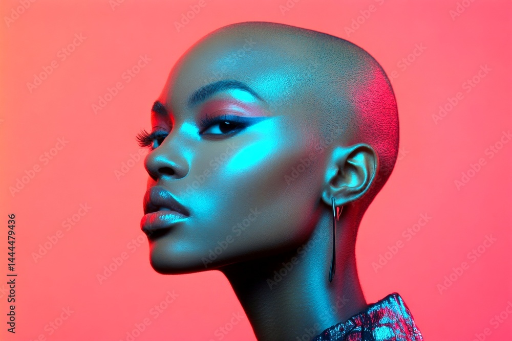 Short hairdo - bald head - no hair. Lovely calm black girl - for ads, poster and digital use. Commercial digital ads conceptual art. Artistic black girl portrait. Black woman glam inspiration. Short hairdo - bald head - no hair. Lovely calm black girl - for ads, poster and digital use. Commercial digital ads conceptual art. Artistic black girl portrait. Black woman glam inspiration.