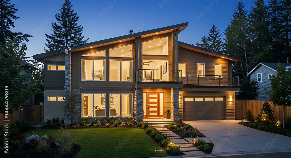 Fototapeta premium Warm interior and exterior lights illuminate a striking contemporary home with an angled roofline as twilight settles. Tall trees frame the scene.