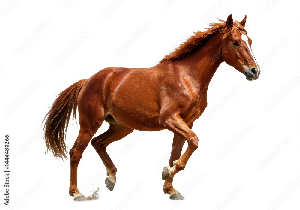 Naklejka premium A chestnut horse with a white blaze running on a white background in a dynamic and powerful pose