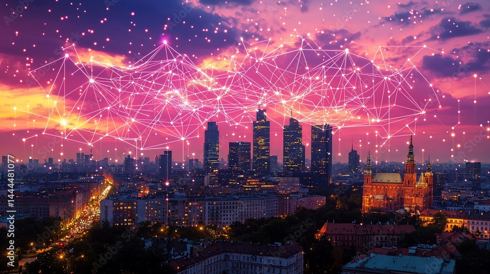 Fototapeta premium Cityscape network at dusk. Digital connections overlay a vibrant urban skyline