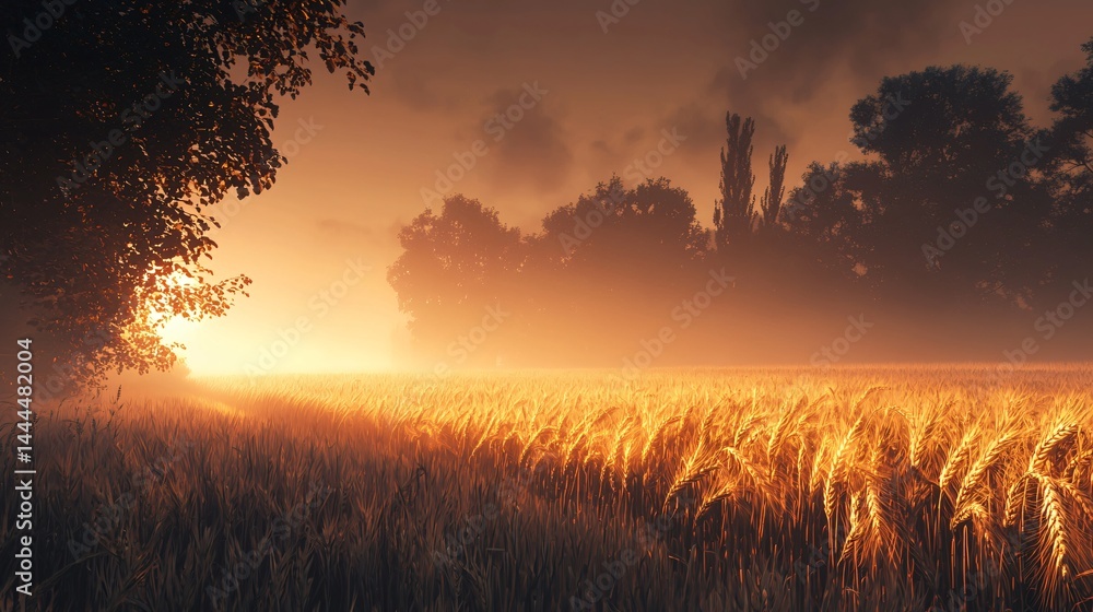 Fototapeta premium Breathtaking wheat field bathed in soft light with atmospheric fog creating a perfectly picturesque rural landscape ideal for nature enthusiasts