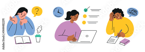 Flat cartoon vector illustration set of female students taking exams, solving tasks, or writing tests. Educational collection with girls characters studying, thinking, or struggling with answers