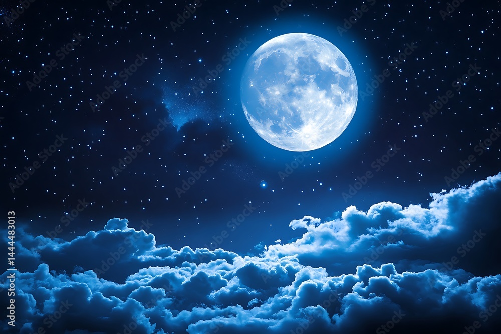 Fototapeta premium Full Moon Shining, Clouds, Starry Night, Dreamy Sky, Fantasy Landscape View