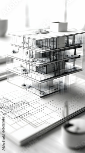 Building model of a modern geometric three-story home rendered with fine black and white lines