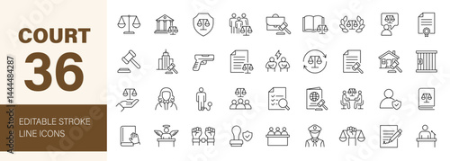 Court icon set. Law related line icons: lawyer, judge, justice, criminal, prison, contract, police, certificate, security and more. Editable stroke. Vector illustration.