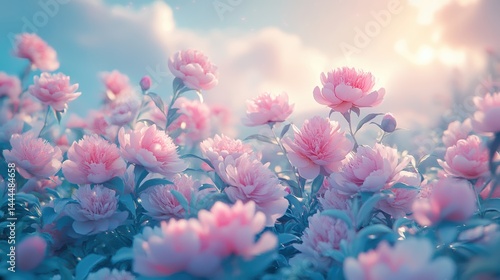 Fototapeta Naklejka Na Ścianę i Meble -  A soft-focus image of a garden full of blooming peonies with delicate petals in pastel colors