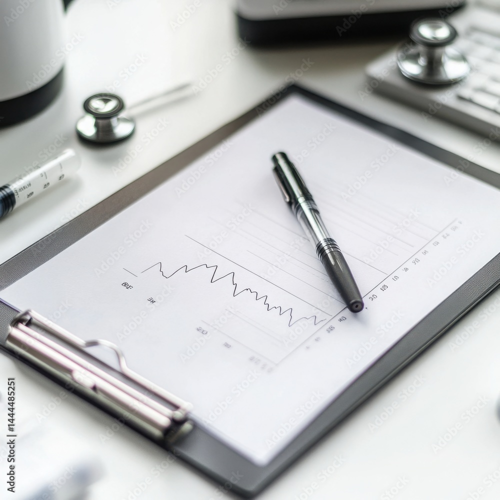 Medical chart with a fluctuating graph pen resting on the clipboard suggesting healthcare data analysis Medical chart with a fluctuating graph pen resting on the clipboard suggesting healthcare data analysis