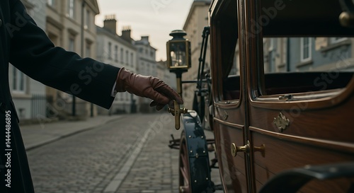 Gloved hand opens antique horse-drawn carriage door on cobblestone street