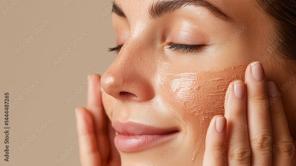 Close-Up of a Woman Gently Applying Natural Clay Facial Mask on Her Skin for a Relaxing Spa Experience and Skincare Routine at Home Close-Up of a Woman Gently Applying Natural Clay Facial Mask on Her Skin for a Relaxing Spa Experience and Skincare Routine at Home