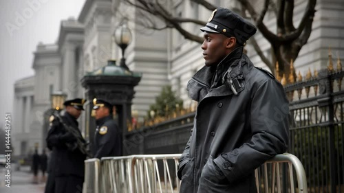African American security guard standing watch in front of a large, government-style building during the day near iron fence.