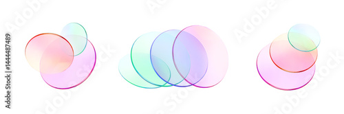 Set 3d glass round shape icon. Transparent circle podium, plate, disk, lens flying. Abstract color crystal element. Pastel gradient platform with glass morphism effect. Vector realistic illustration