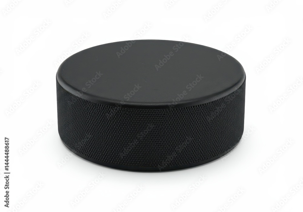 A single black hockey puck sitting on a plain white surface in a studio setting with soft lighting A single black hockey puck sitting on a plain white surface in a studio setting with soft lighting
