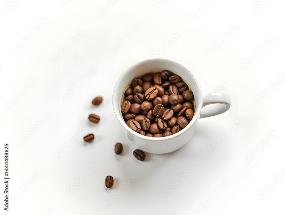 White cup of coffee with coffee beans on white background - image White cup of coffee with coffee beans on white background - image