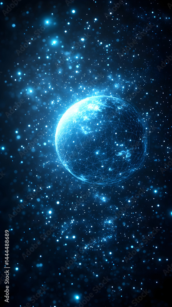 Obraz premium A blue illuminated planet glows amidst a dark expanse filled with shining stars and geometric network