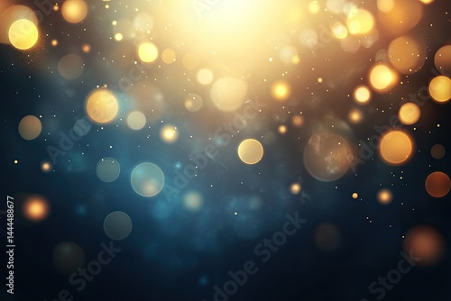 Golden lights bokeh on dark background  Blurs of golden and blue light, creating a festive atmosphere