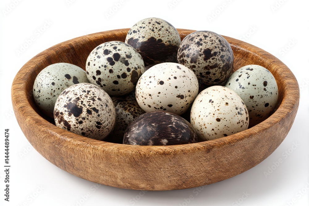 Spotted eggs in wooden bowl isolated on white background Spotted eggs in wooden bowl isolated on white background