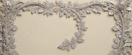 Silver leaf lace frame, luxurious metallic sheen on cream backdrop,  invitation,  filigree