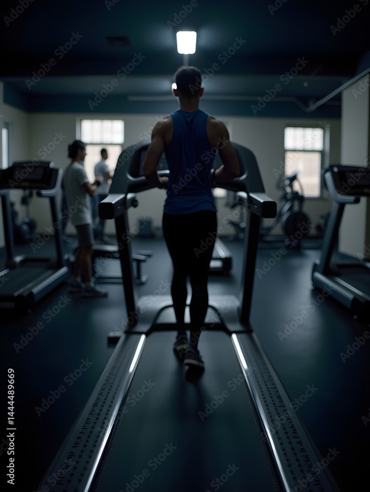 Person walking on a treadmill in a dimly lit indoor gym space, focused on fitness and health activities Person walking on a treadmill in a dimly lit indoor gym space, focused on fitness and health activities
