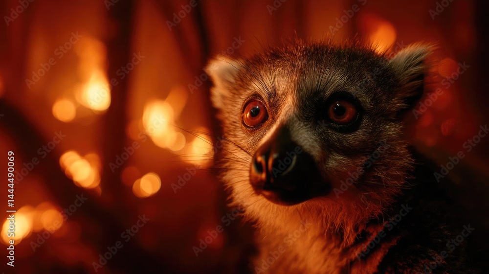Double exposure lemur with burning jungle in secure wildlife concept. A curious creature gazing amidst the chaos of a forest fire. Double exposure lemur with burning jungle in secure wildlife concept. A curious creature gazing amidst the chaos of a forest fire.