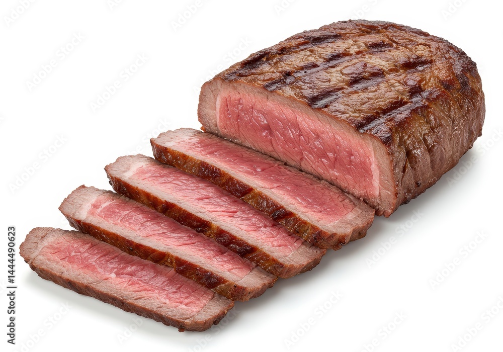 Close up of a sliced grilled steak with grill marks on a white background showing the pink center Close up of a sliced grilled steak with grill marks on a white background showing the pink center