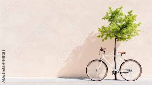 Fototapeta Naklejka Na Ścianę i Meble -  Vintage bicycle parked beside a light beige wall, with a small tree casting a shadow