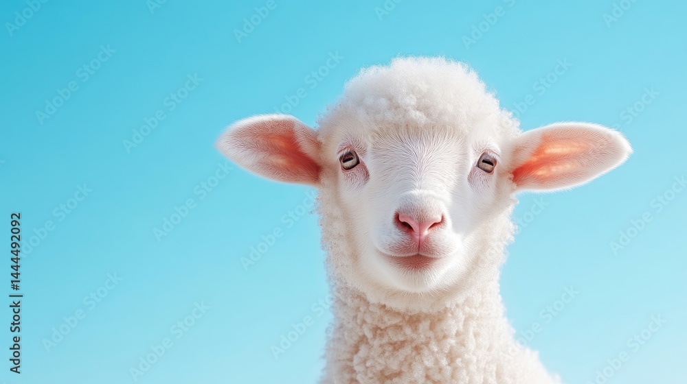 Fototapeta premium Cute lamb portrait against a vibrant blue sky