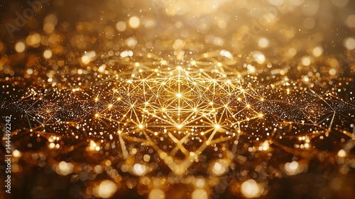 Elegant gold background featuring sacred geometry patterns illuminated by the soft glow of the golden hour with rich textures