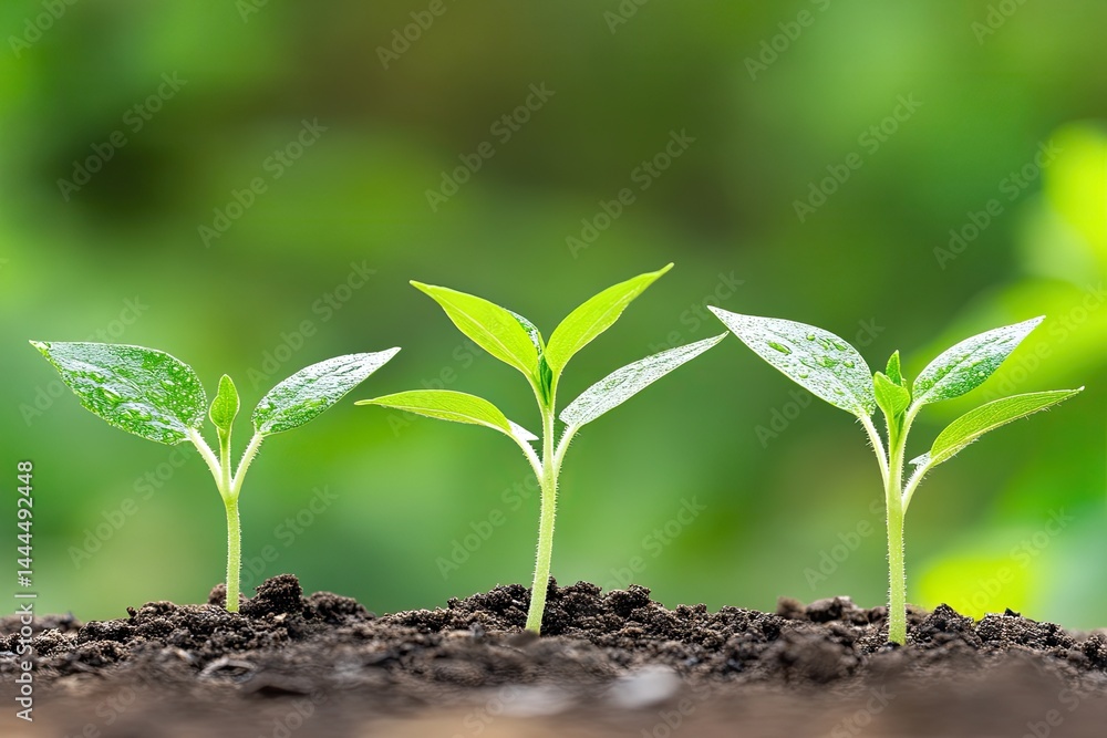 Three young plants emerging from soil, vibrant green leaves, dew drops, natural growth Three young plants emerging from soil, vibrant green leaves, dew drops, natural growth