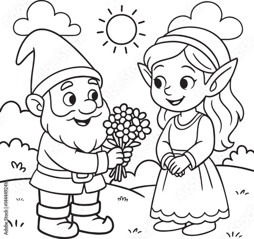 Coloring page fir kids with a cute dwarf gnome and elf