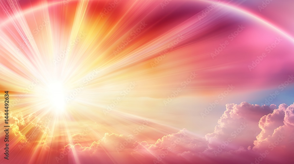 Naklejka premium Radiant Heavenly Light Pink Orange Yellow Sunset Sky with Bright Rays and Clouds