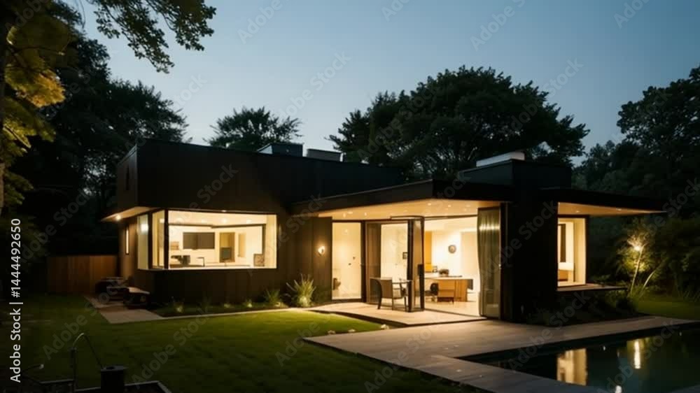 Modern Architectural Residence with Swimming Pool and Lush Garden at Twilight