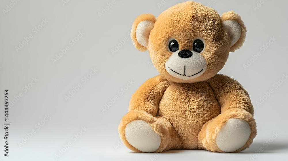 Obraz premium A plush teddy bear sits upright with black eyes and a stitched smile on a plain white background