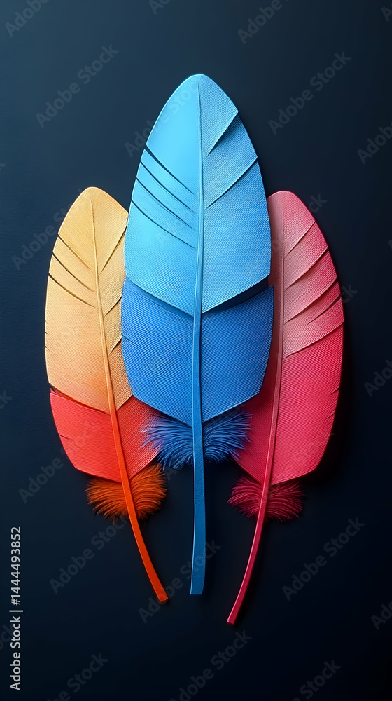 Three vibrant feathers yellow blue and pink layered on dark blue background Detailed lines and plumes shown Three vibrant feathers yellow blue and pink layered on dark blue background Detailed lines and plumes shown