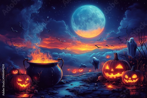 Halloween night scene pumpkins, cauldron, ghosts