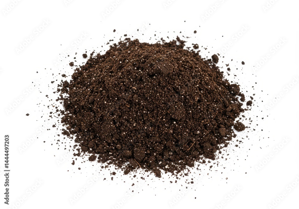 A pile of dark brown soil with small white particles scattered throughout on a white background plain A pile of dark brown soil with small white particles scattered throughout on a white background plain