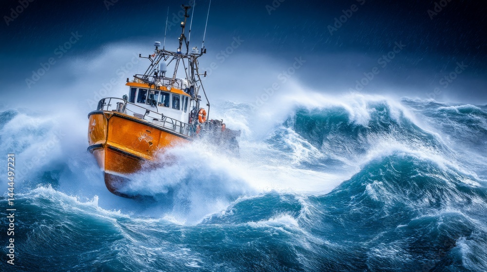 Naklejka premium A courageous fishing boat battles towering waves amidst a stormy sea. The vibrant colors evoke a sense of adventure and struggle. Dramatic moments captured. Generative AI