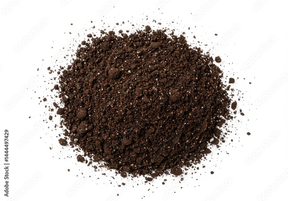 Isolated heap of dark brown soil with small white particles on a white background studio shot Isolated heap of dark brown soil with small white particles on a white background studio shot