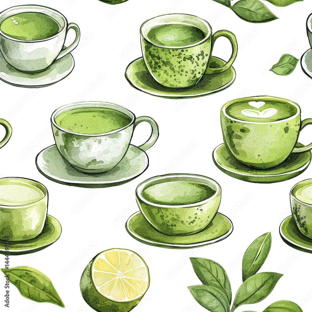 Colorful matcha green tea seamless pattern, artistic design, isolated on white background. cutout png