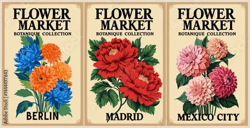 Set of abstract Flower Market posters. Trendy botanical wall arts with floral design in retro 70s colors. Modern naive groovy funky interior decorations, paintings. Vector art illustration