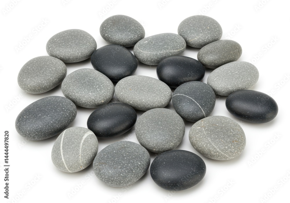 An overhead view of a collection of smooth gray and black stones on a white surface arranged randomly An overhead view of a collection of smooth gray and black stones on a white surface arranged randomly
