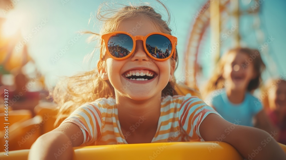 A fun summer day at a theme park, with kids laughing, riding roller coasters, and enjoying snacks under the sun A fun summer day at a theme park, with kids laughing, riding roller coasters, and enjoying snacks under the sun