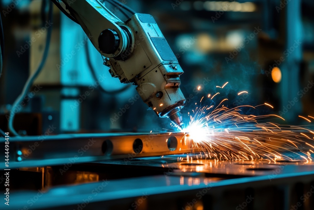 Closeup view of a robotic arm welding metal components in a modern manufacturing facility, closeup of a robotic arm welding in a manufacturing setting, demonstrating cuttingedge technology Closeup view of a robotic arm welding metal components in a modern manufacturing facility, closeup of a robotic arm welding in a manufacturing setting, demonstrating cuttingedge technology