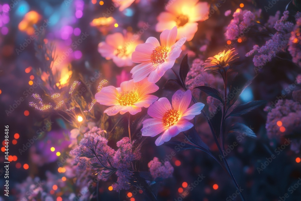 Glowing floral wonderland with vibrant blooms under enchanting lights creating a magical atmosphere, Glowing Floral Wonderland Glowing floral wonderland with vibrant blooms under enchanting lights creating a magical atmosphere, Glowing Floral Wonderland