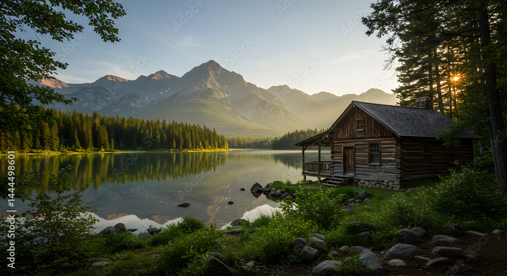 Fototapeta premium Secluded Cabin Retreat Tranquil Lakeside Escape Mountain Views Serene Scenery