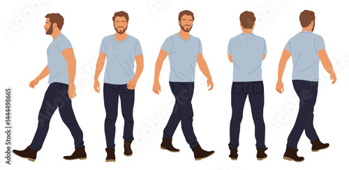Casual man character walking in different poses front, rear, side view. Handsome bearded guy in blue t-shirt, jeans, boots. Set of vector realistic illustrations on transparent background.